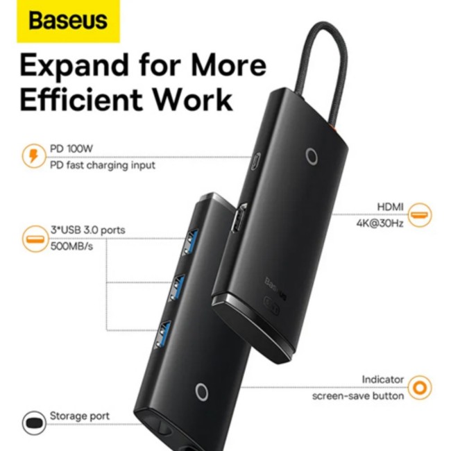 Baseus Lite / Air Joy - Lite Series 5-Port Type-C HUB Docking Station (Type-C to HDMI+USB3.0*3+PD) Black