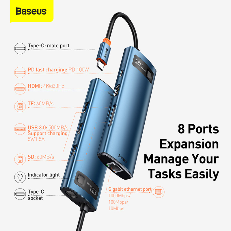basuses 8 in 1 3 Baseus Metal Gleam Series 8-in-1 Multifunctional Type- C HUB Docking Station Blue