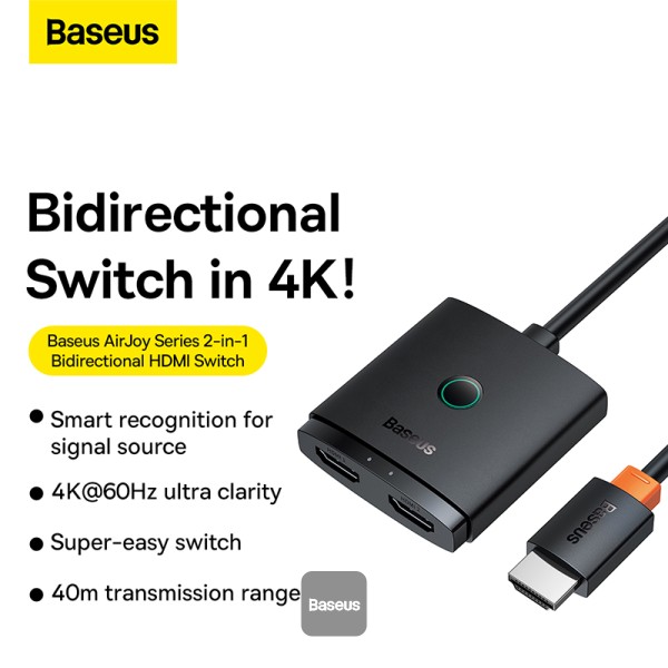 Baseus AirJoy Series 2-in-1 Bidirectional HDMI Switch with 1m Cable ( 2 in 1 Out ) Cluster Black