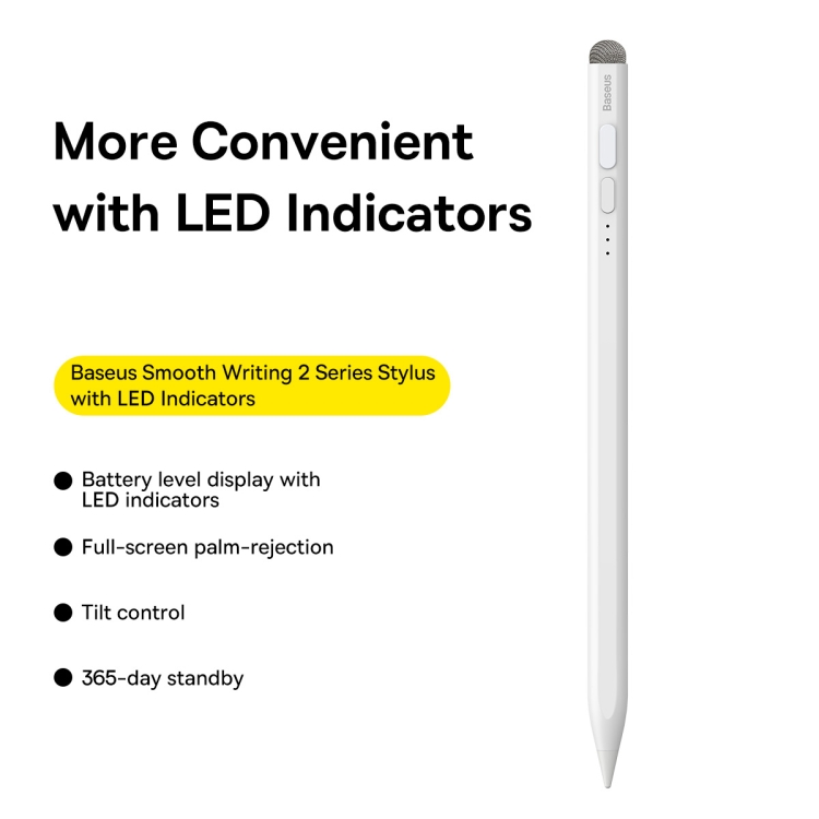 basuses moon white cap Baseus Smooth Writing 2 Series Stylus with LED Indicators, Moon White (Active/Passive version with type-C cable, active pen tip and passive pen cap)