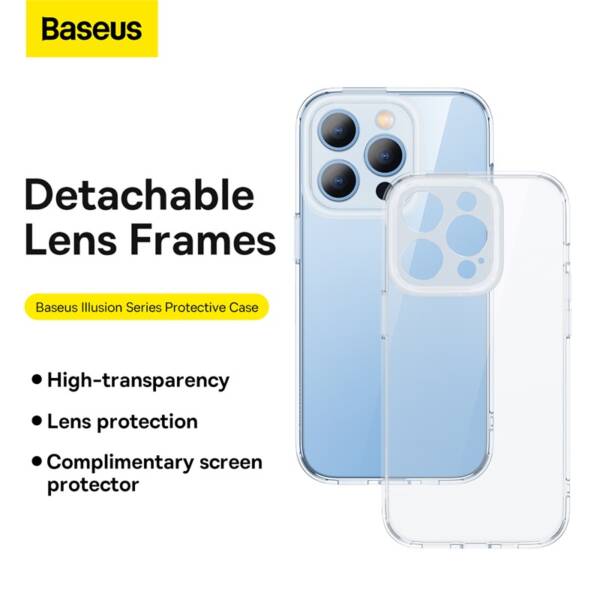 Baseus Illusion Series iP 14 Pro Protective Case for (With clear/Black/Blue/Purple Camera Lens Frames and Full Coverage Tempered Glass Screen Protector and Cleaning kit)