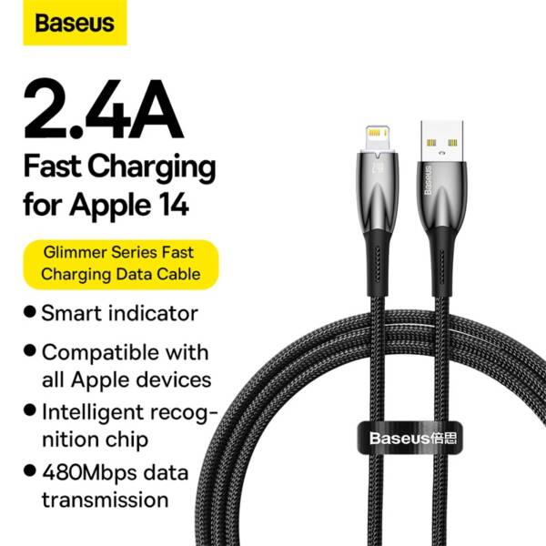 Baseus Glimmer Series Fast Charging Data Cable USB to iP 2.4A 1m Black