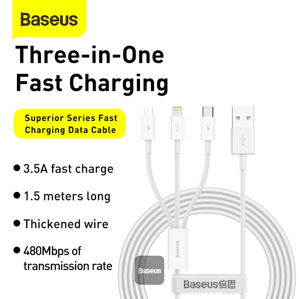 basuses supirieor 1.5 m Baseus Superior Series Fast Charging Data Cable USB to M+L+C 3.5A 1.5m White