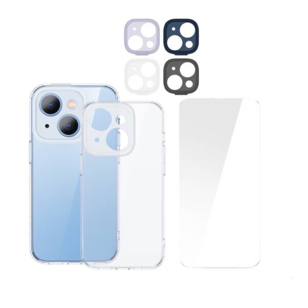 Baseus Illusion Series iP 14 Plus Protective Case for (With clear/Black/Blue/Purple Camera Lens Frames and Full Coverage Tempered Glass Screen Protector and Cleaning kit)