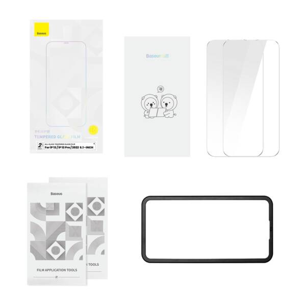 14 plus 2 Baseus All-glass Tempered Glass Film 0.3mm for iphone 14 Plus - 6.7-inch / iP 13 Pro Max Transparent (Pack of 2)(Including:Cleaning Kit*2+EasyStick Film Application Tool*1)
