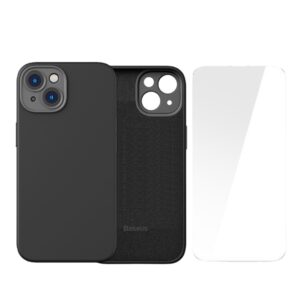 Baseus Liquid Silica Gel Series iP 14 Plus Case (Pack of 1 With Full Coverage Tempered Glass Screen Protector and Cleaning kit), Black