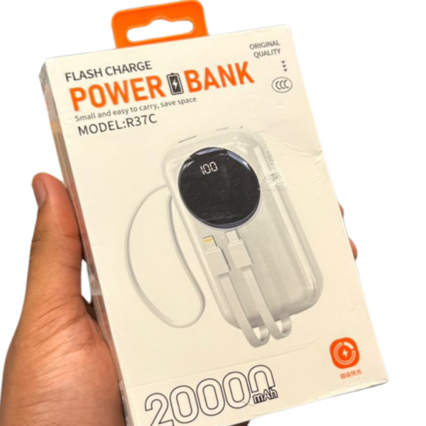 20000 mAh Power Bank with built-in Type‑C and Lightning cable